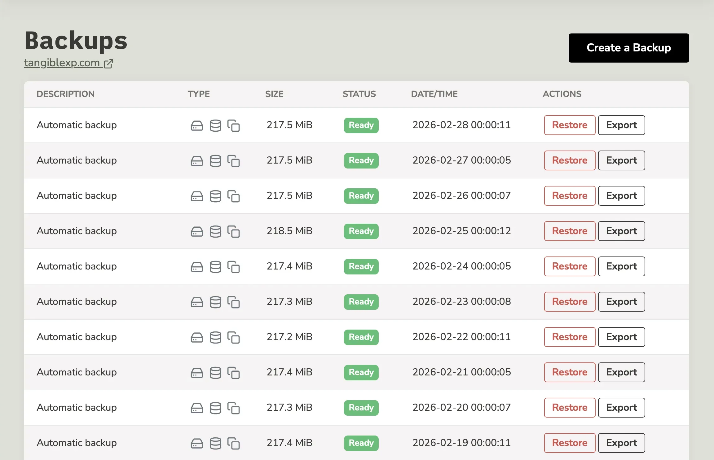 TangibleXP's automatic daily backups