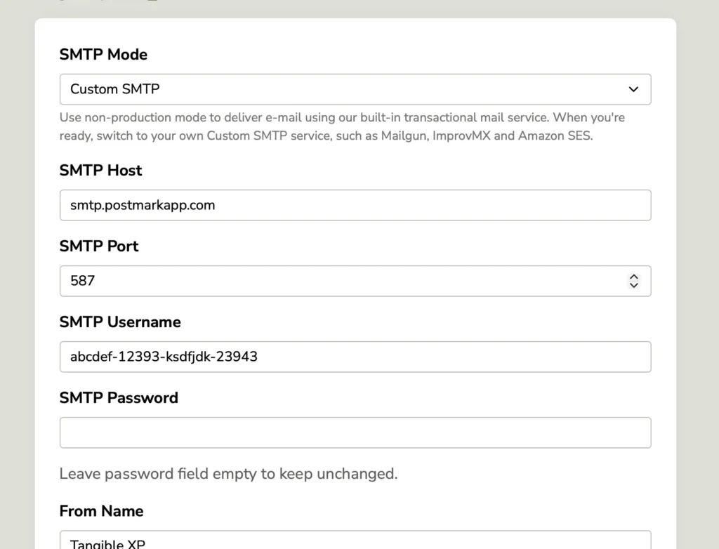 TangibleXP Mail and SMTP configuration