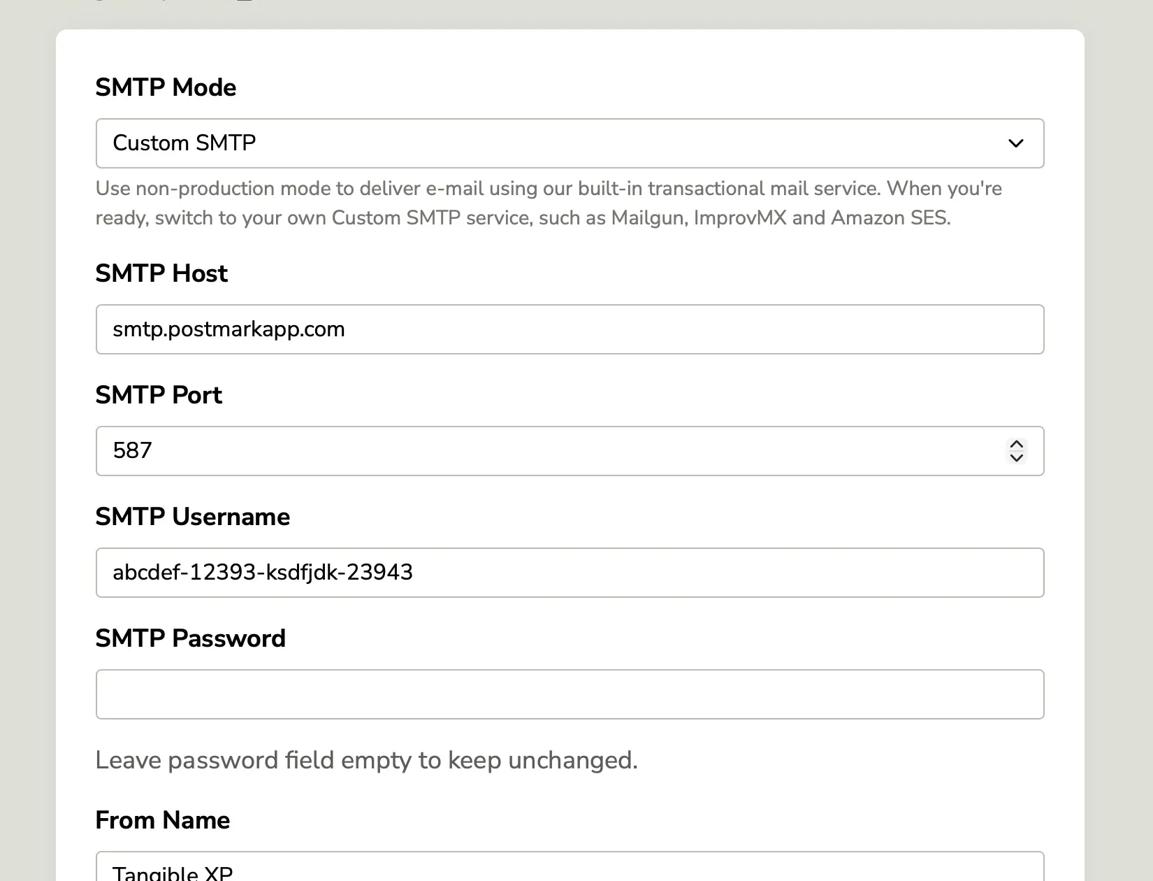 TangibleXP Mail and SMTP configuration